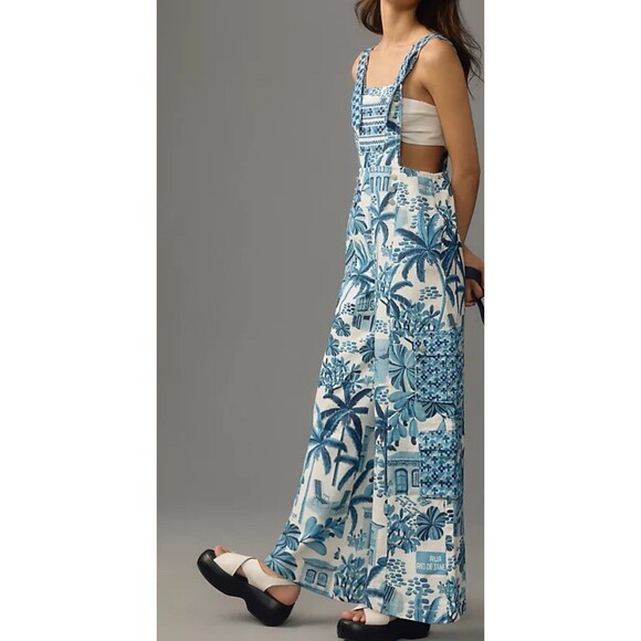 Farm Rio Anthropologie Denim Overalls Women Blue Floral Vacay Retro Boho Large - Picture 15 of 16